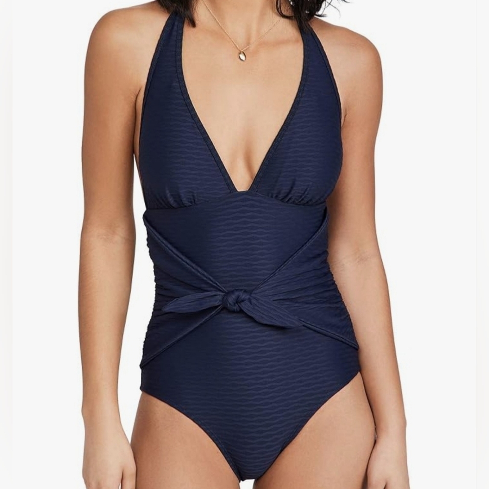NWT Shoshanna Tie Front Halter One-Piece Swimsuit Navy Textured